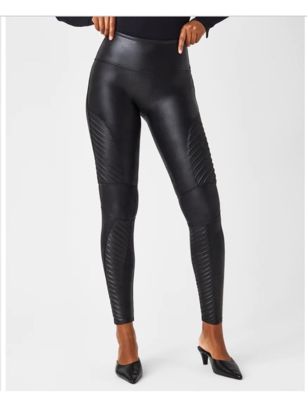 SPANX Black Faux Leather Moto Leggings, Size M